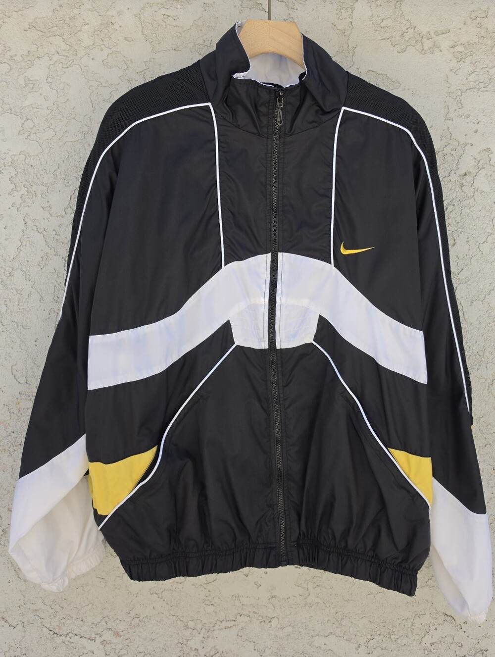Vintage 90s Nike Big Swoosh Windbreaker Jacket Black Yellow White Large Track